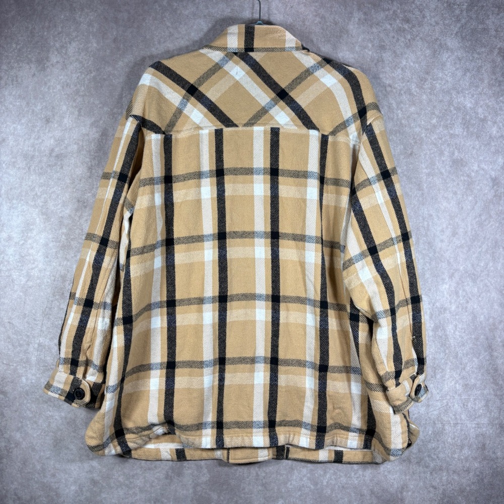 Lucky Brand Shacket Womens XL Tan Plaid Button Up Oversized Cotton Flannel Coat - Picture 4 of 9